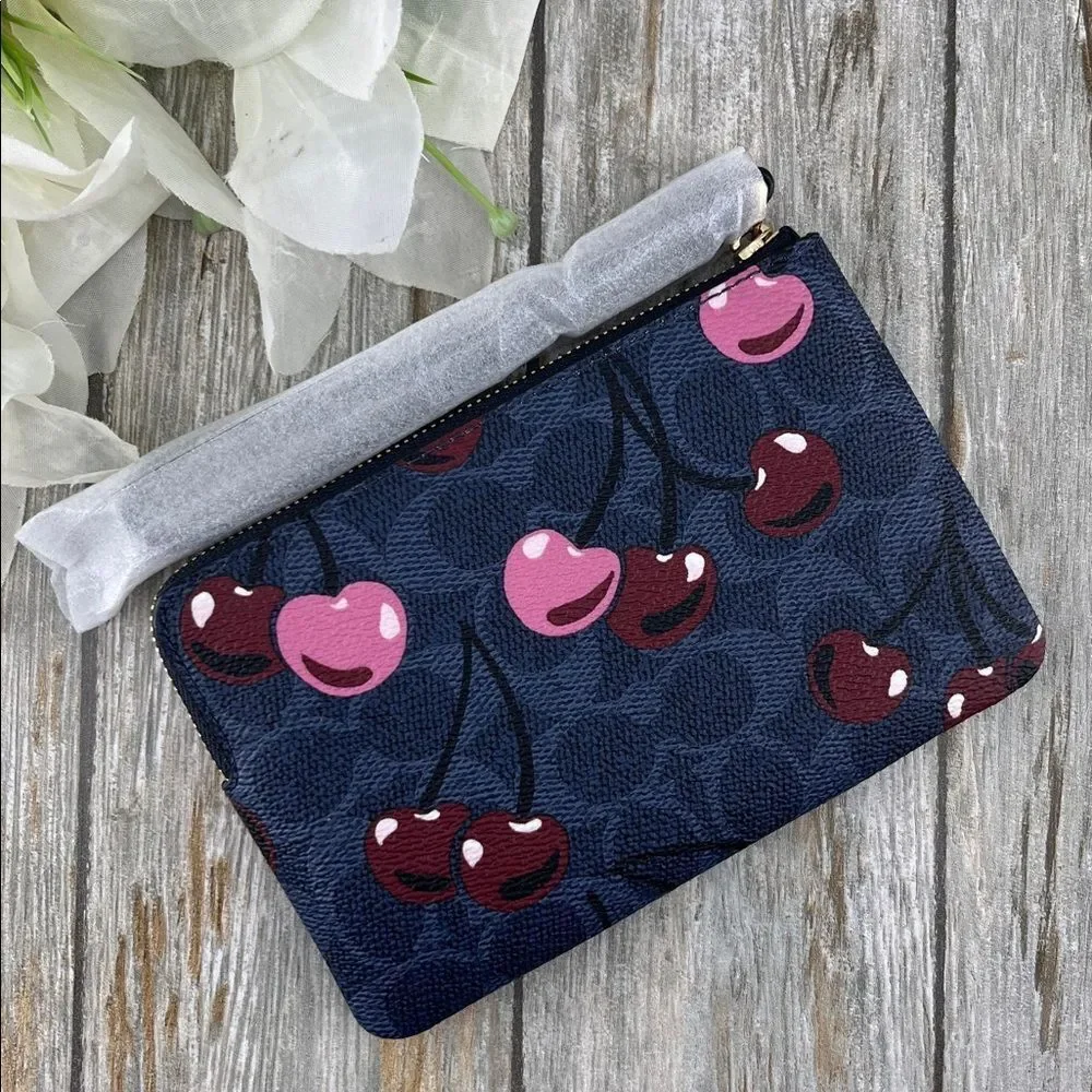 Coach Corner Zip Wristlet In Signature Canvas With Cherry Print Wallet Bag Purse